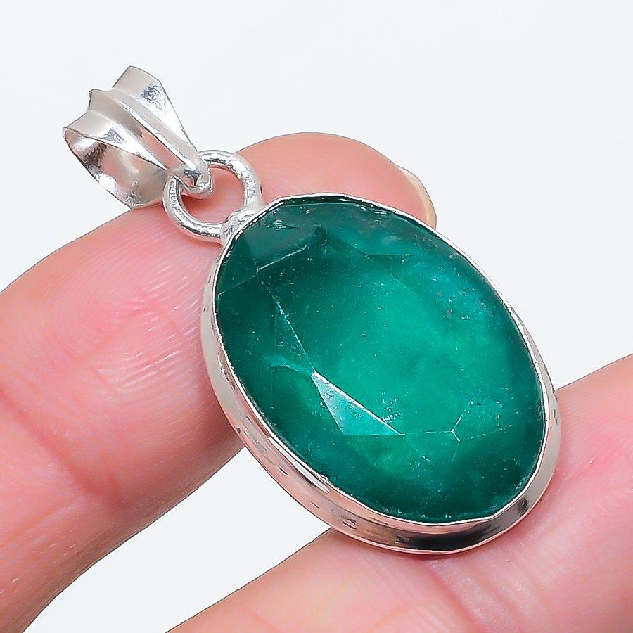 Natural Emerald(Simulated) 925 Sterling Silver Jewelry Pendant 1.58" n2M84
