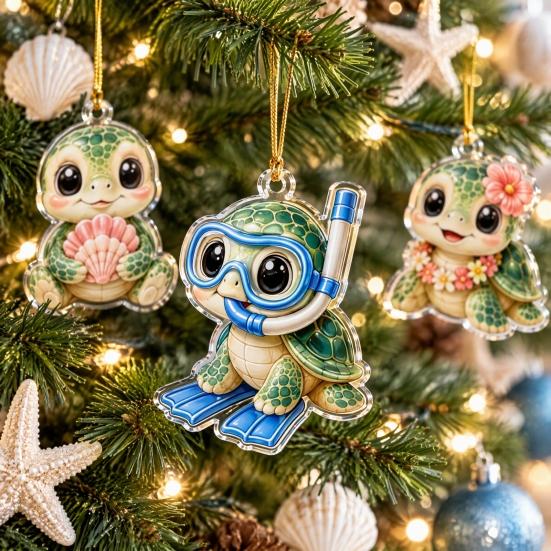 Christmas Advent Calendar Ocean Animal Calendar,24Pcs Acrylic 2D Ornament Set with Turtle Penguin Shell Fish Decor Sea Turtle/Shell/Fish/Penguin/Shark