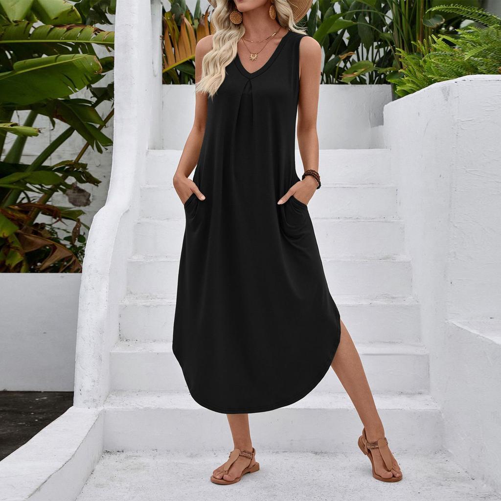 Women's Fashionable Color V-neck Sleeveless Vest Dress With Pleated A-line Beach Pocket Dress