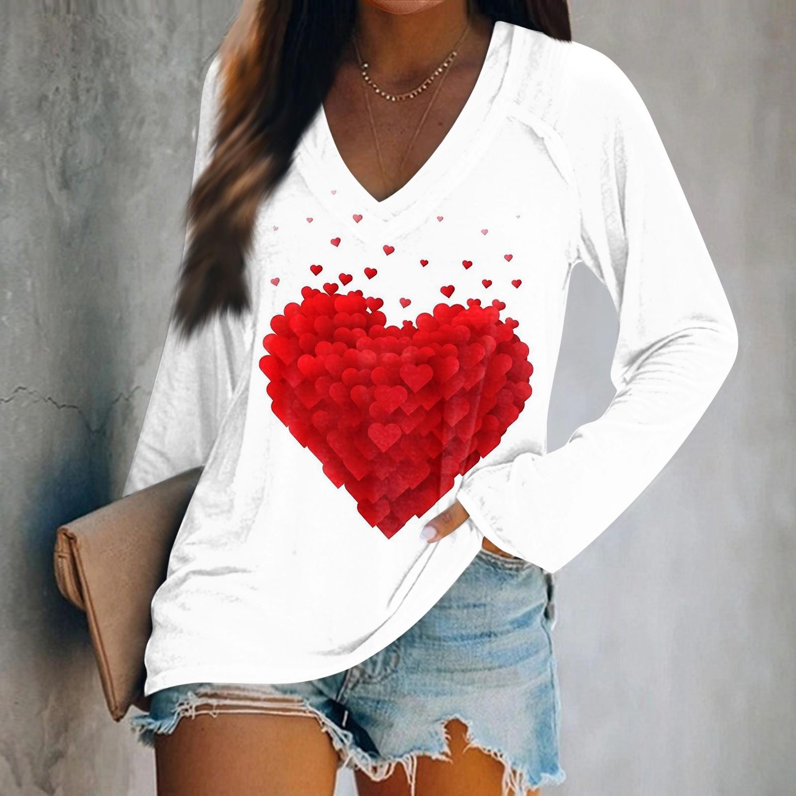 

Женская футболка с длинными рукавами и V-образным вырезом с принтом ко Дню святого Валентина. Повседневный и удобный топ XL белый
