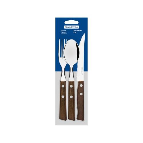 Tramontina Traditional 3-Piece Set: 21cm Steak Knife with Heavy-Duty Natural Wood Handle, 19cm Table Fork, and 19cm Table Spoon. Triple-Tempered, Ligh