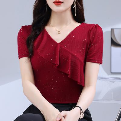 V-Neck Ruffled Short Sleeved T-Shirt Women's Summer Slim Solid Color High Strecth Mesh Tops Blusas