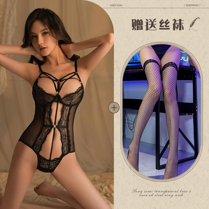 Night listening incense lingerie sexy lace temptation steel ring gathering onesie women's hot hollow open uniform