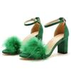 7cm Thick Heel Shallow Mouth One-length Strap Feather Sandals Round Toe Square Root Fashionable Casual Summer Sandals Large Size