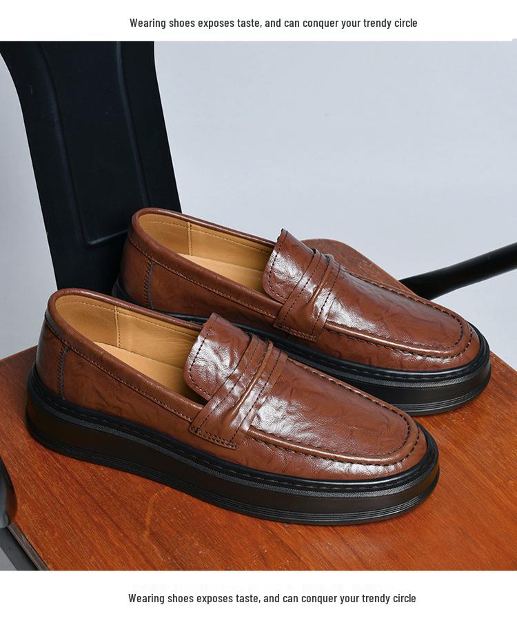2450 Men's Slip-On Leather Loafers, Thick Sole, Casual, Low-Top, Large Size, Handmade Cowhide, Spring Shoes