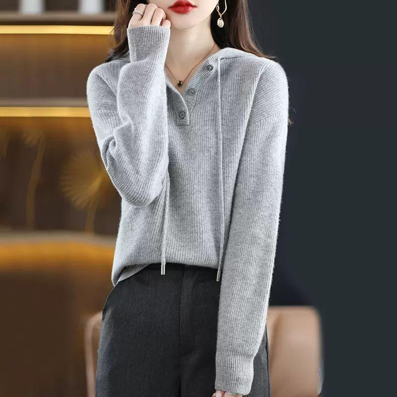 Autumn and Winter Women's Hooded Sweater Knitted Sweater Pullover Sweater Loose Fitting Hooded Base Sweater