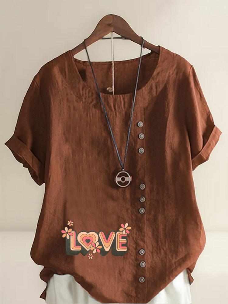 Women's Fashion Love Letters Print Casual Cotton Linen Short Sleeve Round Neck T-shirt Shirt Leisure Loose Summer Blouse Tops
