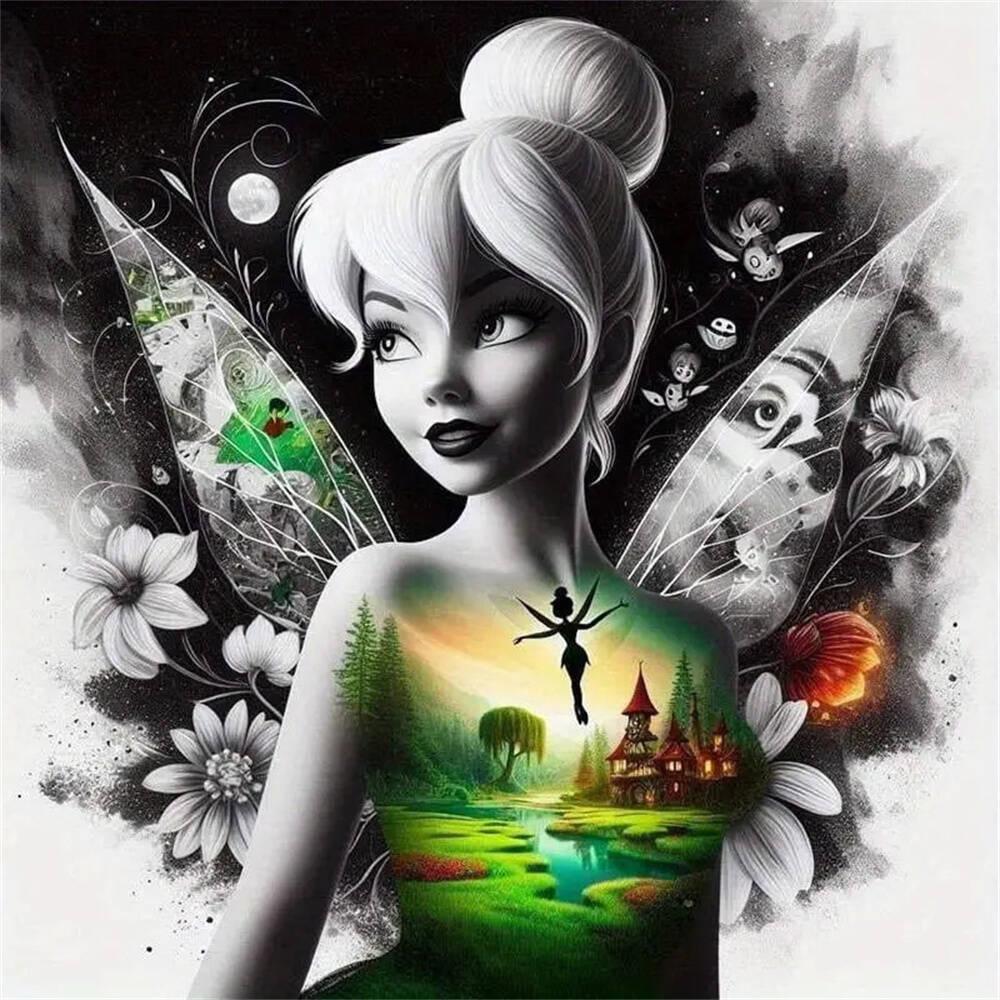 

Disney Wonderful Fairy Black and White Artistic 5D Diamond Embroidery Gem Stickers Handmade DIY Decorative Painting Round 20x20cm