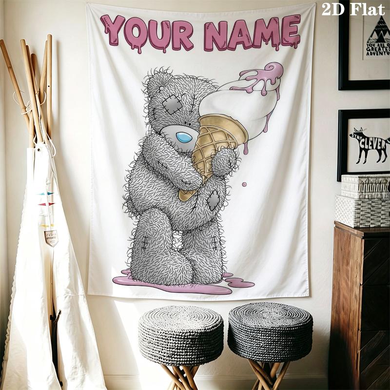 Custom Name Tatty Teddy Wall Tapestry Aesthetic Wall Hanging Printed Fabric Blanket Decorative Tapestries for Bedroom Living Room Home Decor