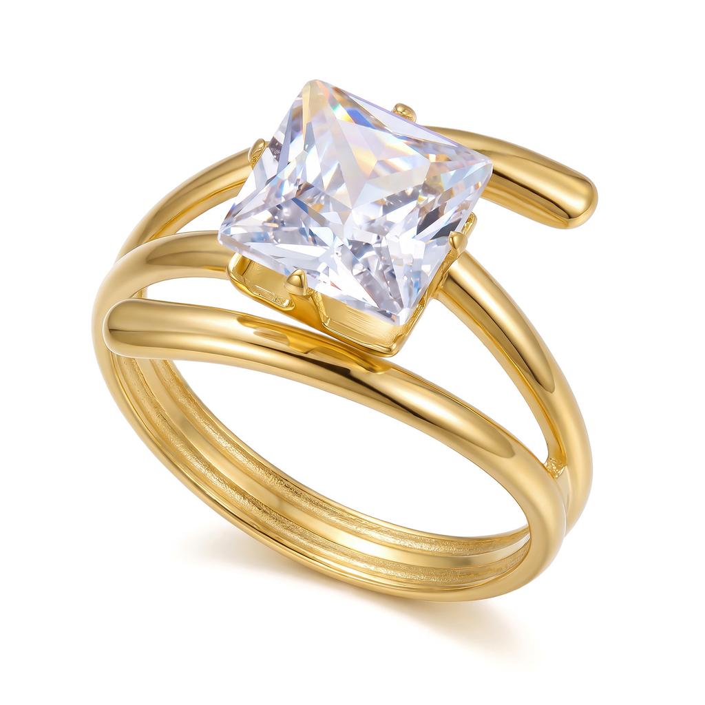 Xiyin stainless steel ring plated with 18k real gold, light luxury high-end titanium steel zirconium-inlaid irregular ring