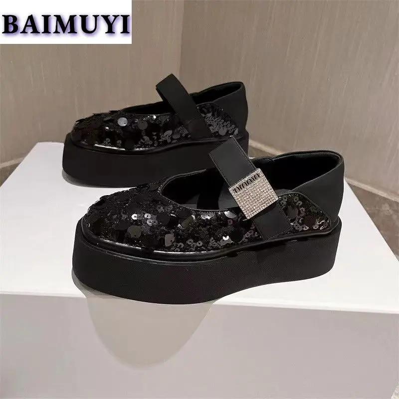 

Туфли Мэри Джейн на платформе с кристаллами, женские, блестящие, на среднем каблуке, на плоской подошве, замшевые, повседневные, 2024, трендовые мюли, осенняя роскошь, Zapatos Mujer 40