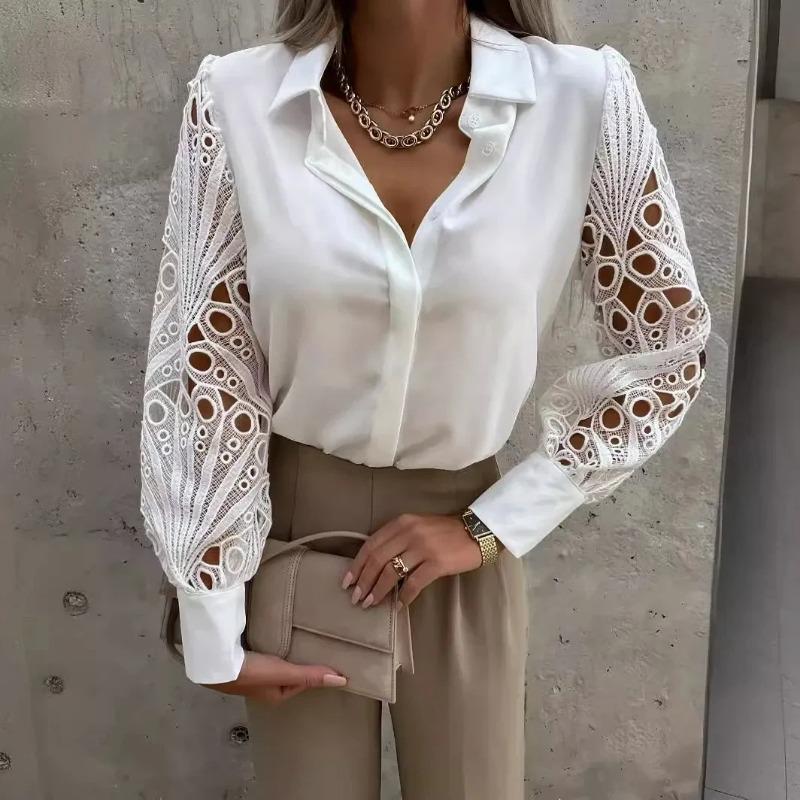 Women Black Lace Patchwork Shirt Long Sleeve Lapel Button Down Elegant Casual Office Commute Blouse Top