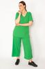 Women's Style Big Size Under-Upper Team Green Camisole Knitted Elastic Waist Wide Leg Trousers V-Neck Blouse Set