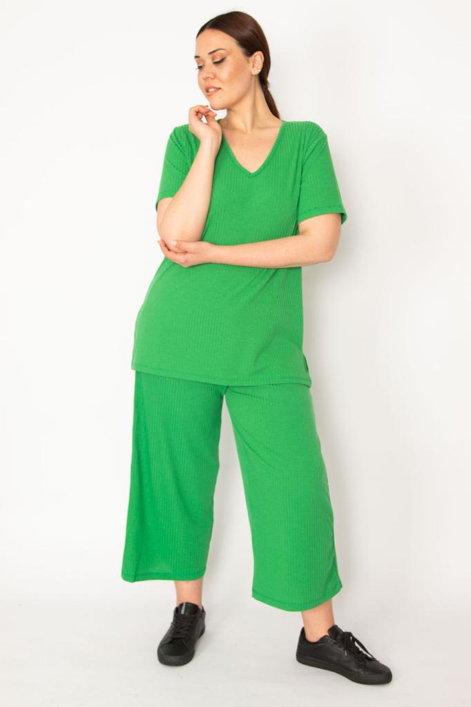 Women's Style Big Size Under-Upper Team Green Camisole Knitted Elastic Waist Wide Leg Trousers V-Neck Blouse Set