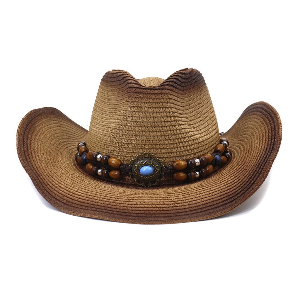 Decorative Beaded Straw Cowboy Hats Women Men Summer UV Protection Beach Holiday Sun Caps Outdoor Wide Brim Cowgirl Hats