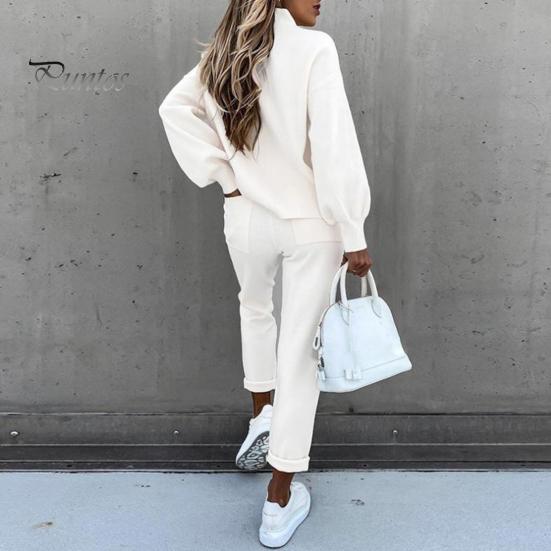 Solid Color 2 Pcs/Set Women Tracksuit Loose Half Turtleneck Casual Elastic Waist Keep Warm Drawstring Sportwear Sweatshirt Sweatpants Suit