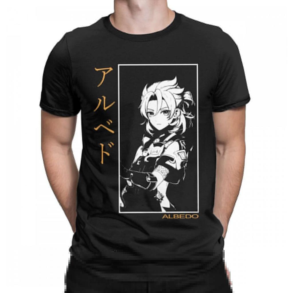 Humor Albedo Genshin Impact T-Shirts for Men Round Collar Pure Cotton T Shirt Anime Game Short Sleeve Tees
