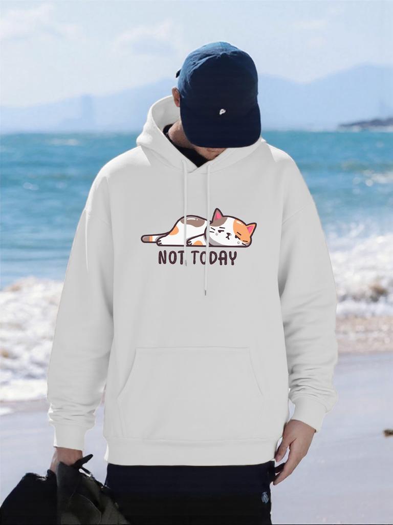 Not Today Lazy Cat Pattern Hoodies Mens All-Match Casual Hoody Pocket Fleece Streetwear Oversized Comfortable Male Pullover