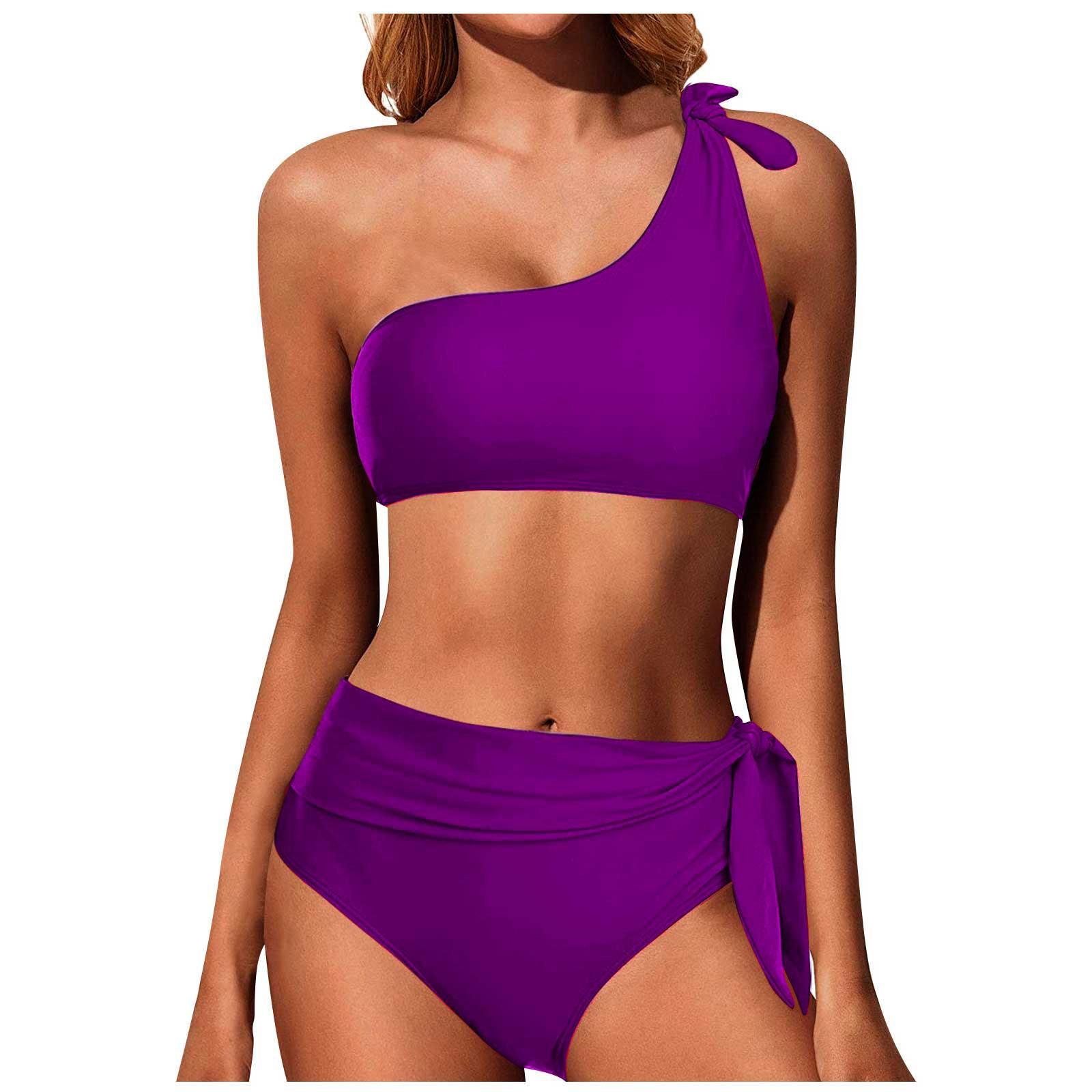 

Женские купальники бикини сплошной цвет печати сексуальный купальник на одно плечо с разрезом S фиолетовый