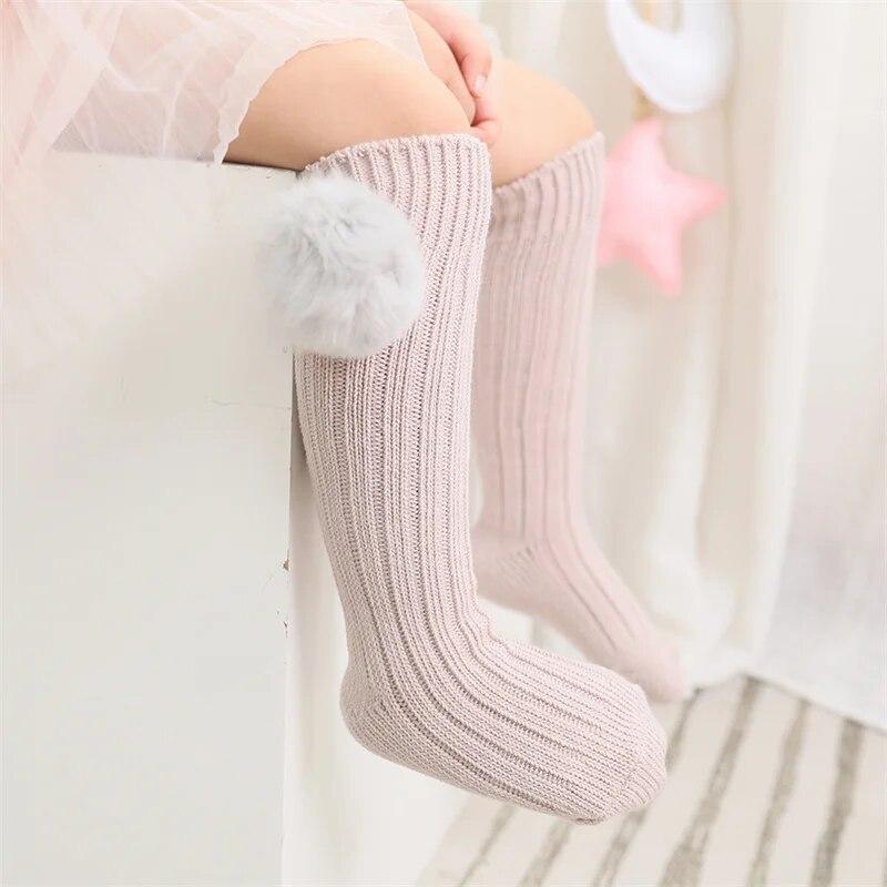 Kids Girls Socks Cotton Fur Ball Knee High Children's Socks For Girls Winter Warm Knitted Baby Stocking Age for 0-7Years