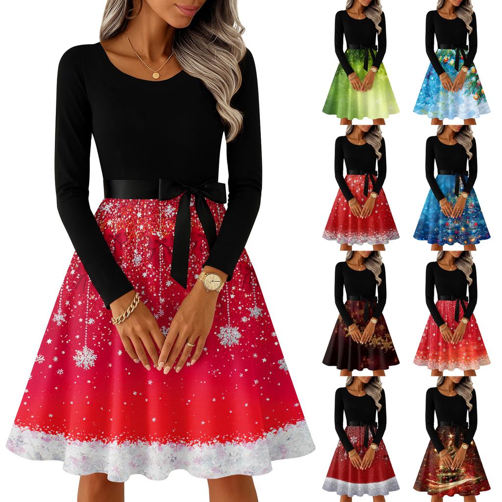 Women's Casual Fashion Long Sleeve Christmas Graphic Printed Vintage Long Dresses