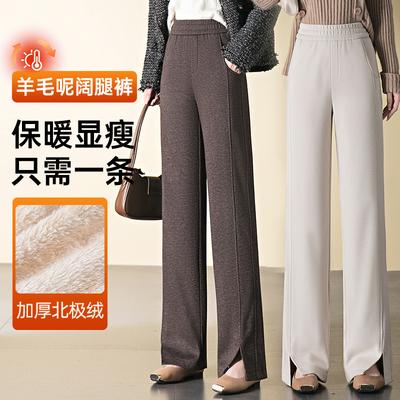 Wool Straight Narrow Wide-leg Pants Women's Fleece Thickened Winter New Thin Casual Elastic Waist Trousers