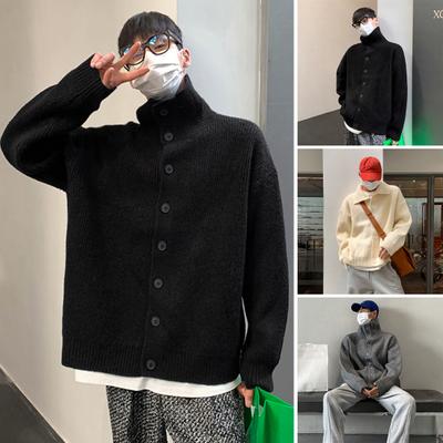 Fall Winter Men Sweater Cardigan High Collar Neck Protection Knit Thick Elastic