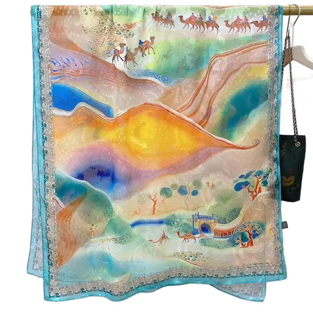 Dunhuang Cut Flower Fragrant Cloud Yarn 180 * 70 Long Towel Single-Sided Printing Shawl Versatile Fashion Sunscreen Shawl