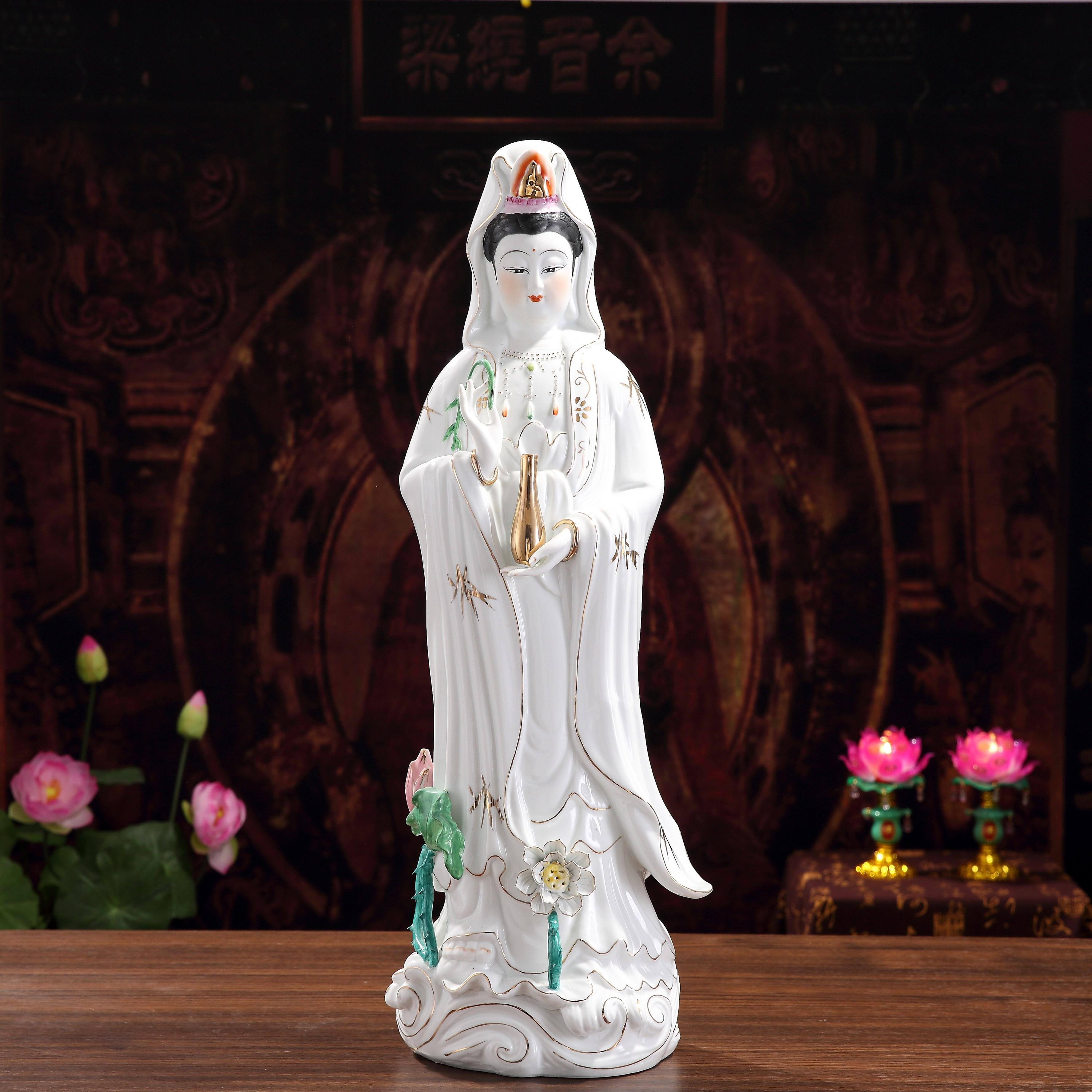Ceramic South Sea Guanyin Bodhisattva Standing Statue Handmade Sculpture Home Decoration