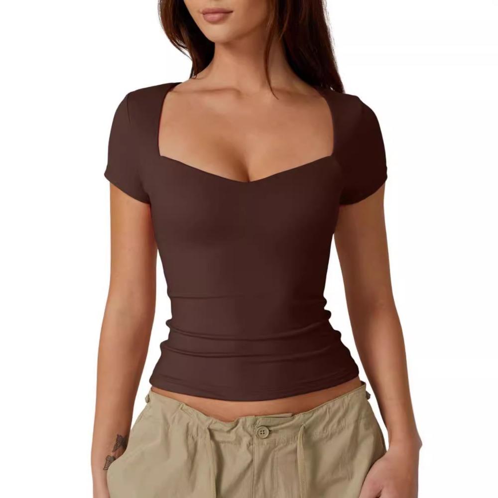 2026 Women's Heart-Shaped Neck Short Sleeve T-Shirt Women's Solid Color Slim Fit Basic Fashion Show