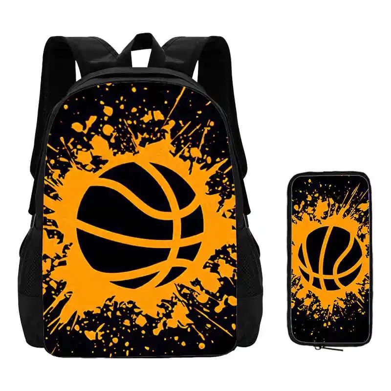 2Pcs Set Basketball Prints School Backpack with Pencil Bags for Kindergarten Cartoon Sports School Bags for BoysKids Backpack