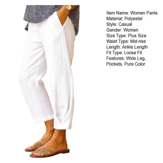 Women Pants Mid-rise Elastic Waist Solid Color Casual Trousers with Pockets Loose Fit Leisure