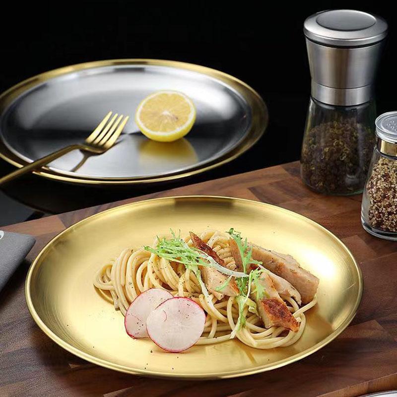 Korean Stainless Steel Thickened Barbecue Disc Golden Silver Cafe Tray Fruit Plate Cake Plate Bone Dish Shallow Plate