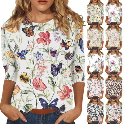 Damemote Uformelt trekvart ermet blomsterprint med rund hals