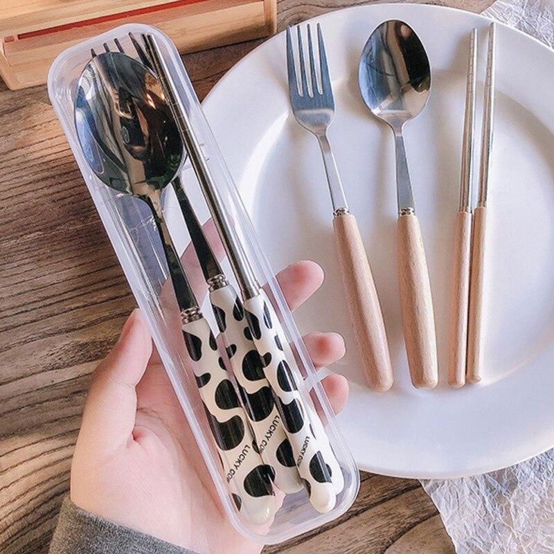 Portable Chopsticks Cutlery Gift Cartoon Ice Spoon Ceramic Spoon Stainless Steel Tableware Black And White Cows Three-piece Set