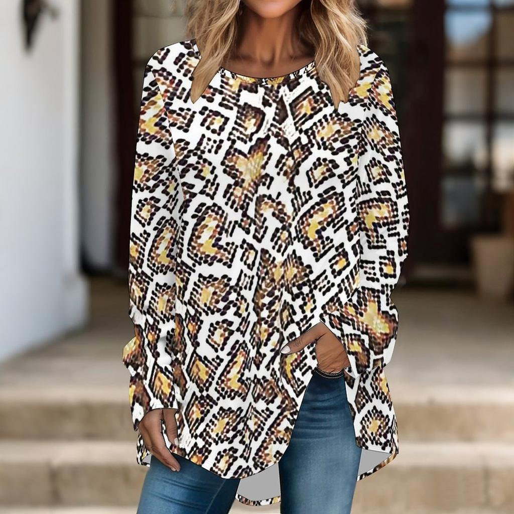 Women Long Sleeve Tunic Top Print Crew Neck Loose Fit Blouse With Pockets Casual Daily Wear Ladies Tops