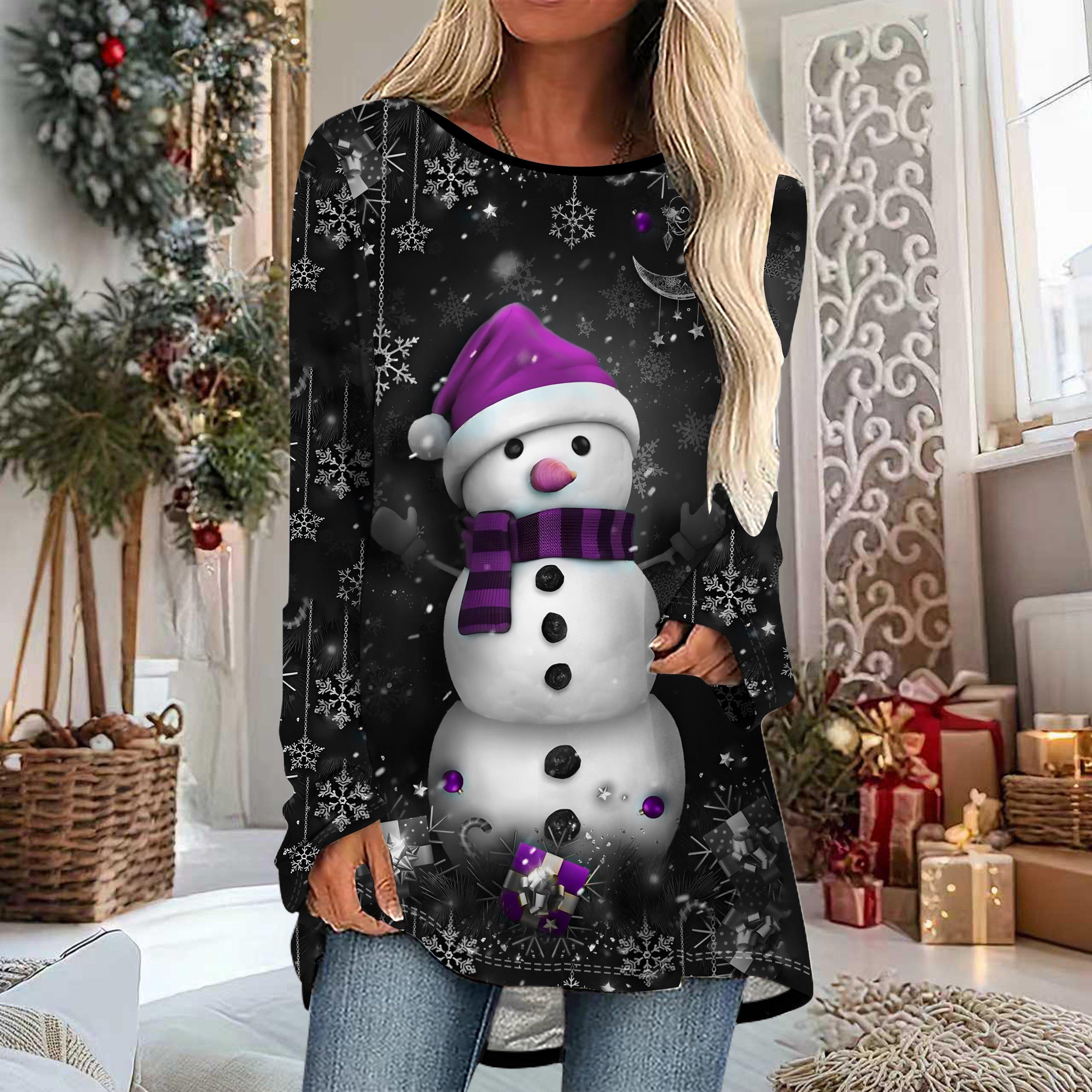 

Женская футболка больших размеров с принтом снеговика на весну и Рождество, удобная, с длинным рукавом, круглым вырезом, повседневная, свободного кроя, средней длины, топы 8XL фиолетовый