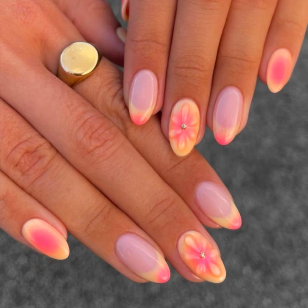 Blush Gradient 3D Flower French Yellow False Nails (24-Piece Set) - European & American Style Wearable Nail Art