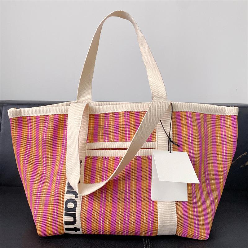 Rakuten Japan Korea Straw Woven Tote Bag with Colored Stripes - Casual Handbag for Shopping