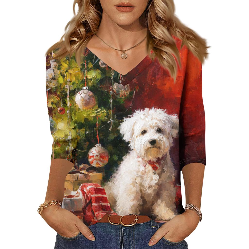 3/4 Sleeve Shirts For Women Print Christmas Tees Blouses Casual Plus Size Basic Tops Pullover