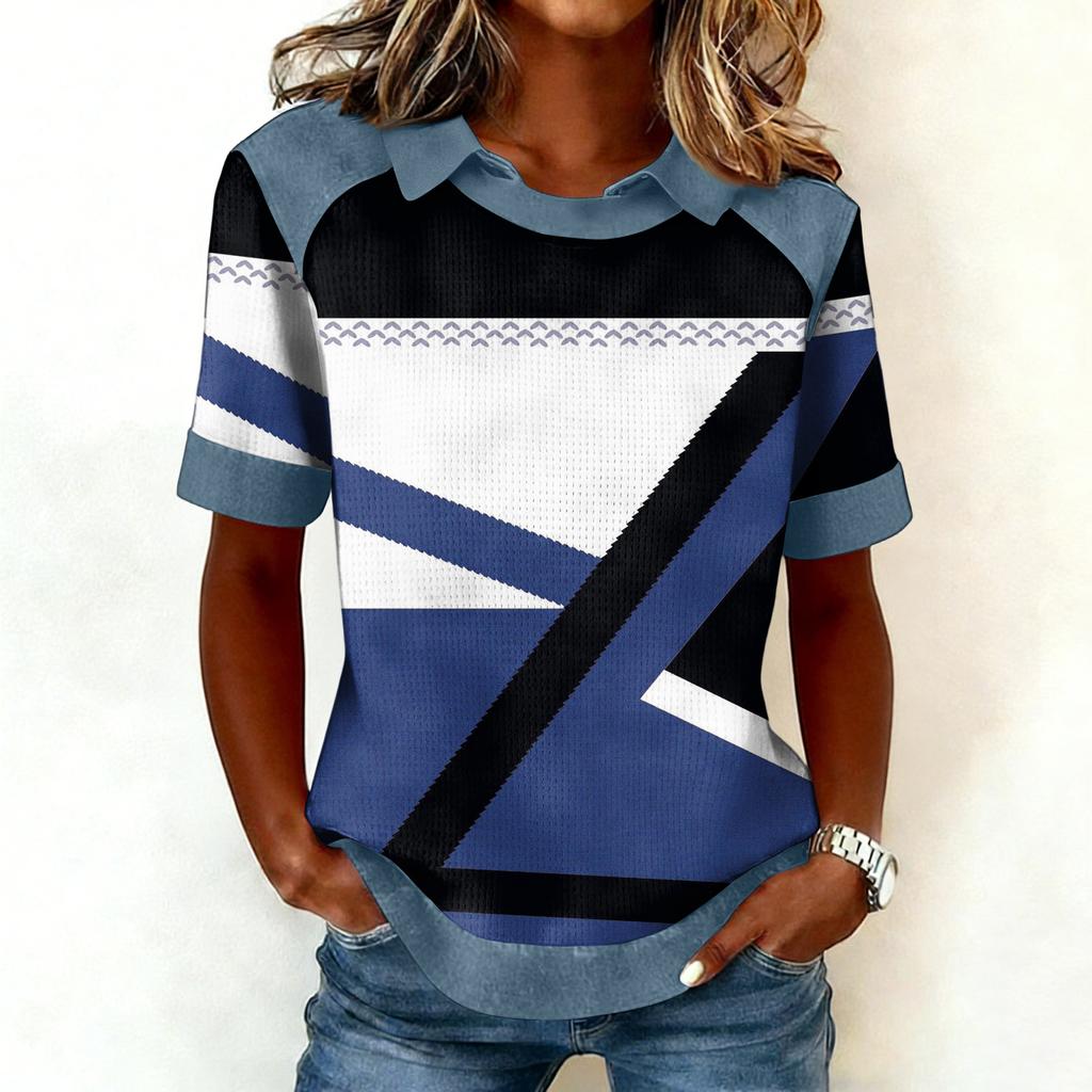 Women's Fashion Collar Cowboy Splicing Sweatshirt Casual Printed Hoodie Short Sleeve Shirt Top