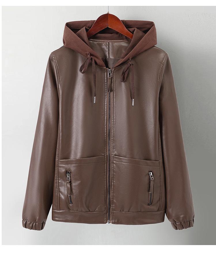 Wiosna/Jesień 2025 Damski Krótki Płaszcz z Kapturkiem ze Skóry PU - Stylowa Kurtka na Zamek dla Młodych Mam.