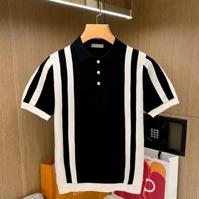 Sommer Neue Herren Strick Poloshirt Männer Umlegekragen Knopf Mode Farbe Streifen Tops Strick Casual T-Shirts