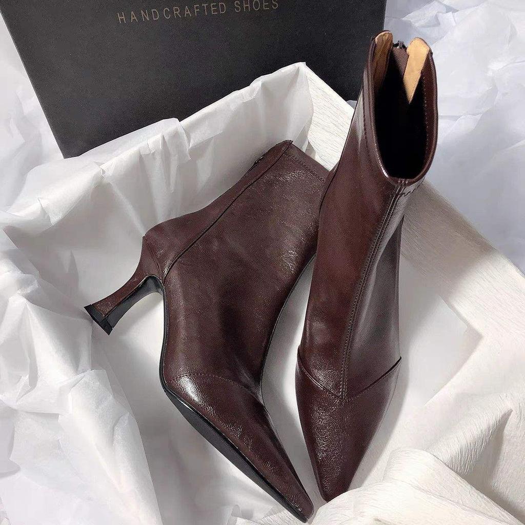 Short boots French slim heel elastic boots for women 2026 versatile soft leather zipper slim boots for women
