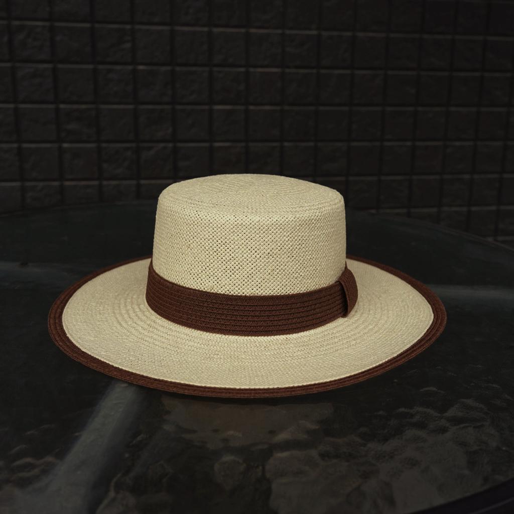 French Cream Beige And Brown Woven Flat Top Top Hat Women'S Summer Sun Protection Sunshade Vacation Beach Wide Brim Straw Hat