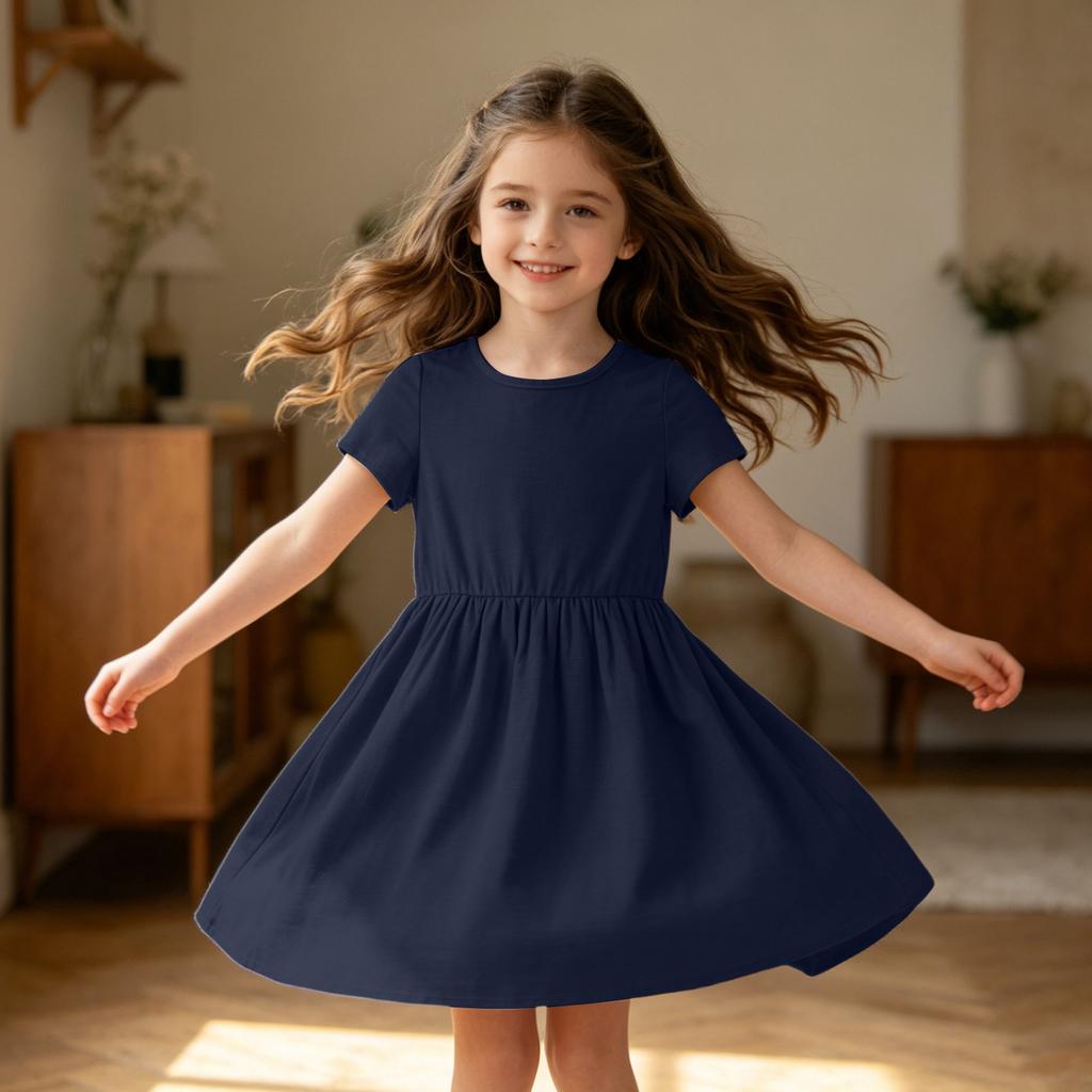 Mädchen Kurzarmkleid Lässig Lockerer Schnitt Atmungsaktive Baumwoll-Leinen-Mischung Sommerkleid mit Raffung in der Taille und Rundhalsausschnitt für den täglichen Gebrauch