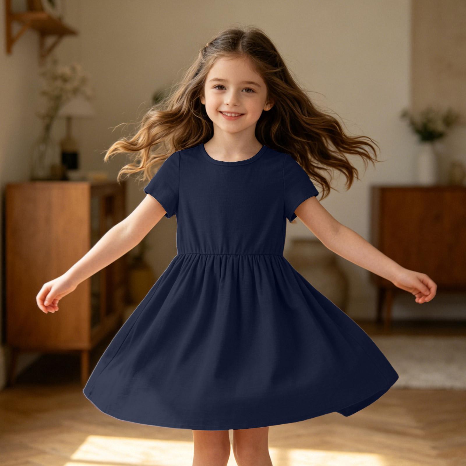 

Girls Short Sleeve Dress Casual Loose Fit Breathable Cotton Linen Blend Summer Dress with Gathered Waist and Round Neck for Daily Wear 110 тёмно-синий