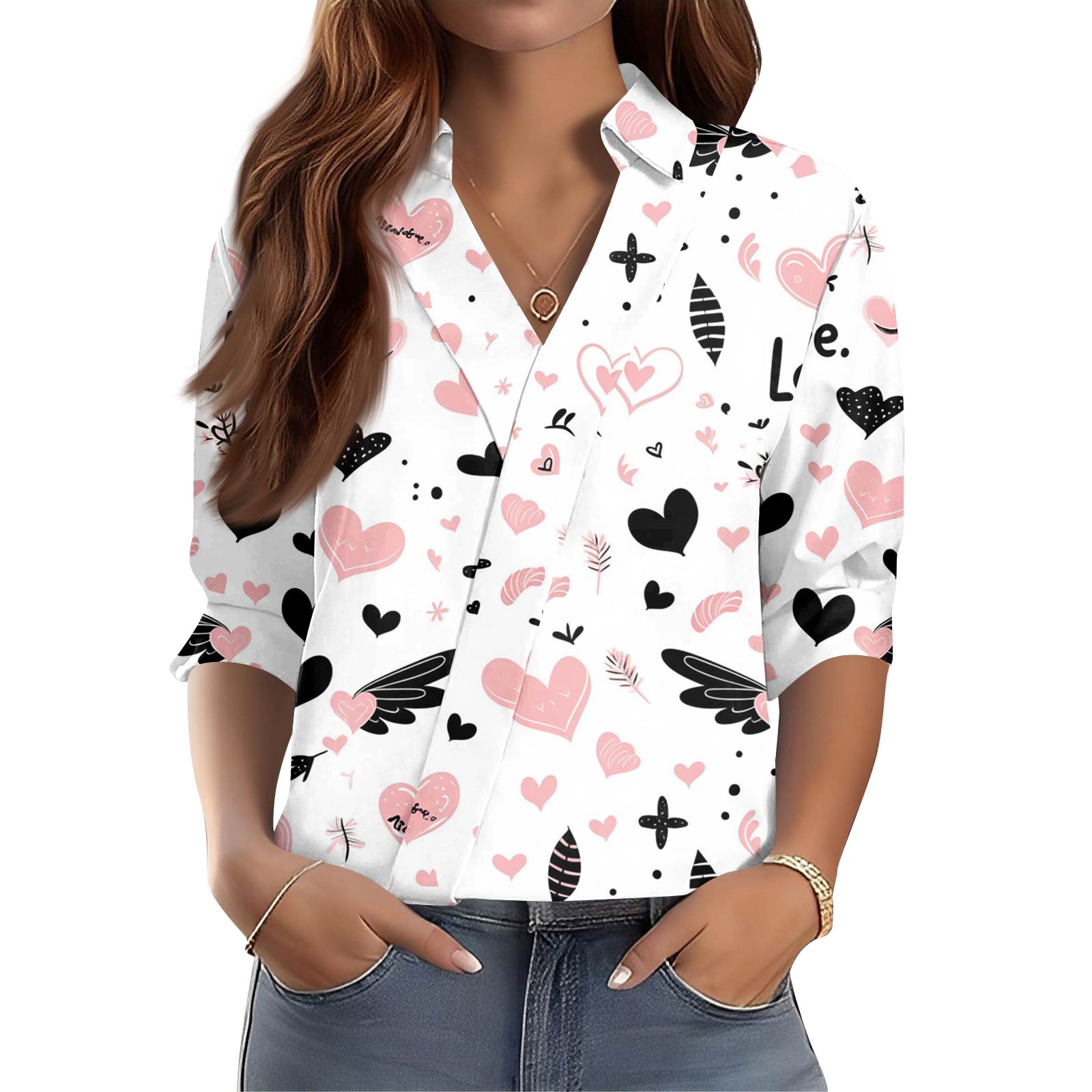 

Women s 3/4-Sleeve V-Neck Shirt Printed Workwear Casual Regular Shirt Collar Top XL білий
