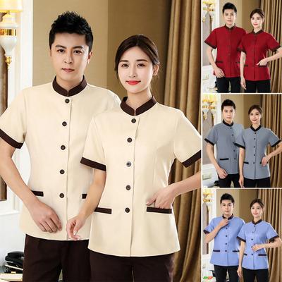 Hotel Housekeeping Uniform Women Slim Fit Top Stand Collar Short Sleeve Single Breasted Pockets Work Uniform Tops