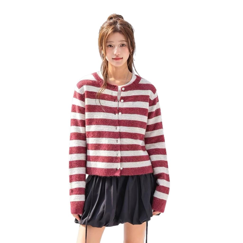 Striped sweater cardigan women's autumn 2026 new thin casual short long-sleeved knitted top jacket